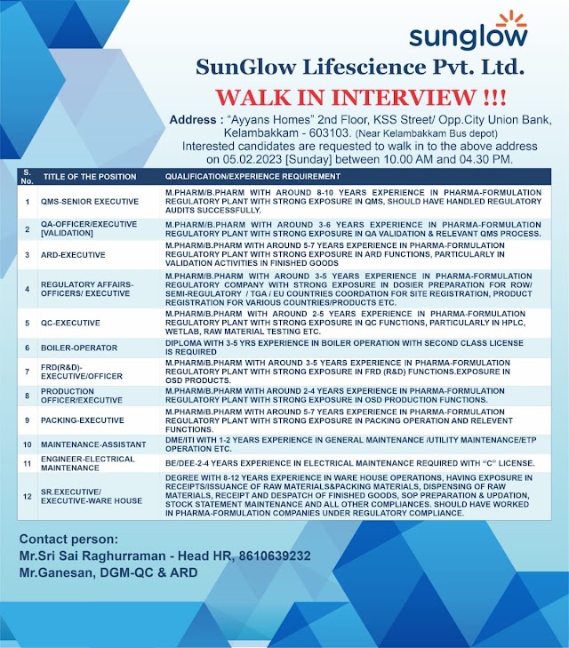 SunGlow Life Sciences | Walk-in interview for Multiple Departments at Kelambakkam on 5th February 2023