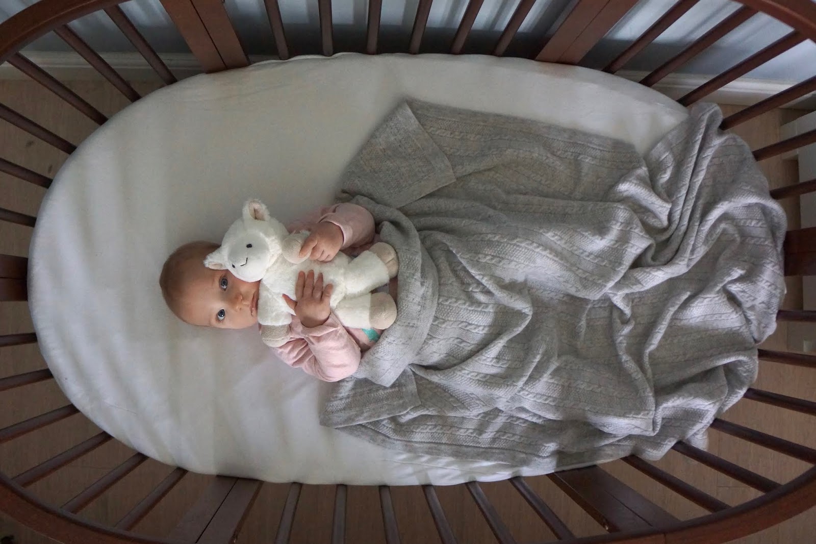 baby in a cot with cashmere blanket