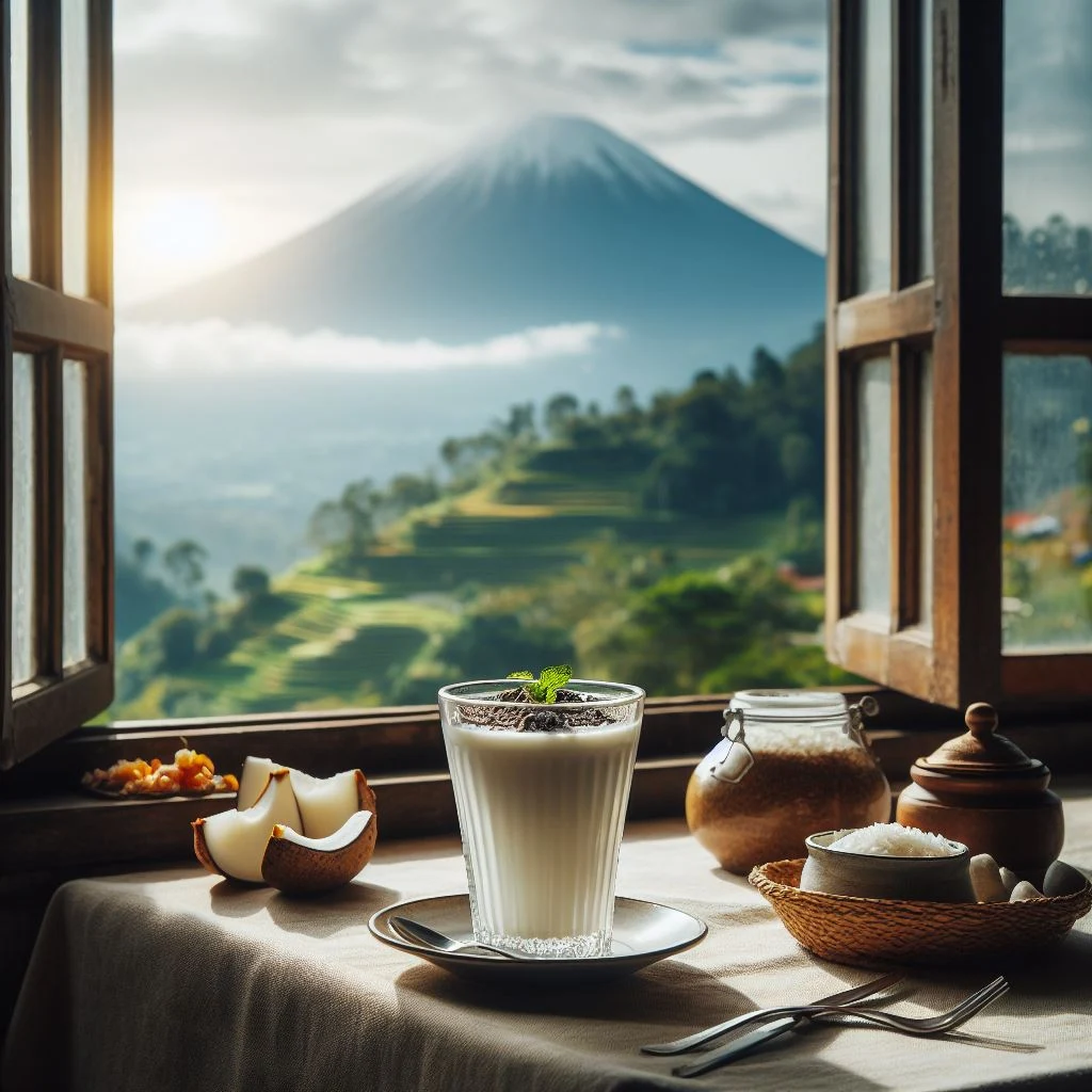 plato de arroz con leche frente a una ventana con vista al campo