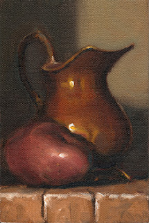 Oil painting of a copper jug beside a Désirée potato.