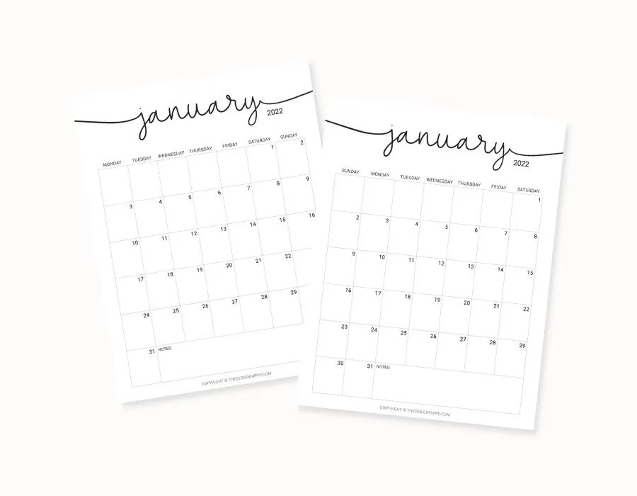 Minimal printable calendar  monthly start