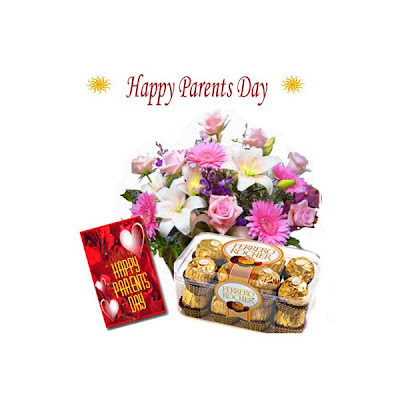Let's give your parents a beautiful bouquet of flower and a box of chocolate.