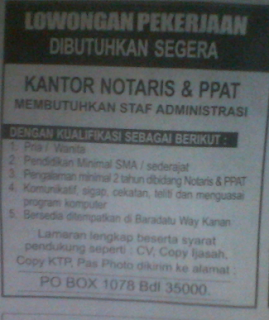 Lowongan Staff Admin Kantor Notaris & PPAT di Lampung