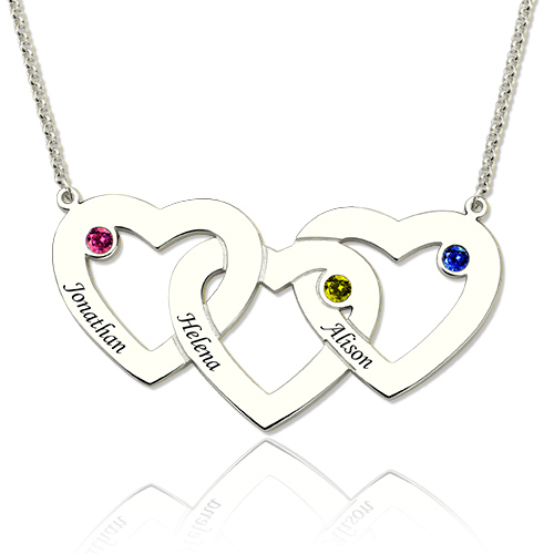  Beautiful and fine 3 Intertwined Hearts Birthstones Name Necklace Sterling Silver