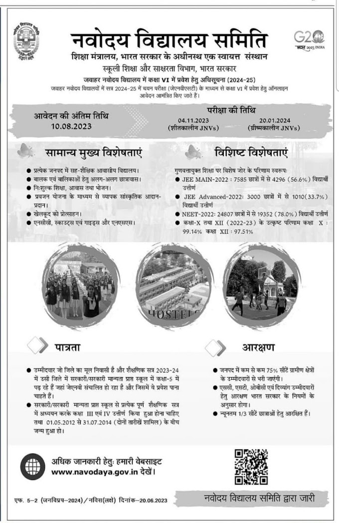 जवाहर नवोदय विद्यालय में कक्षा 6 में प्रवेश के लिए आवेदन जारी, 10 अगस्त है आखिरी तारीख