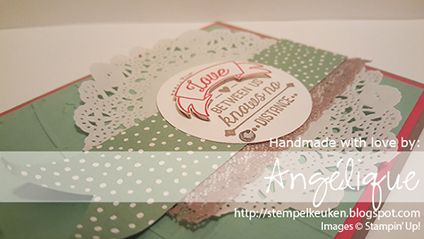 http://stempelkeuken.blogspot.com De Stempelkeuken, Angélique Nederpel Going Global, Mint Macaron, Rhinestone Basic Jewels, Ribbon, Tea Lace Paper Doilies, Tip Top Taupe, Watermelon Wonder, World Traveler