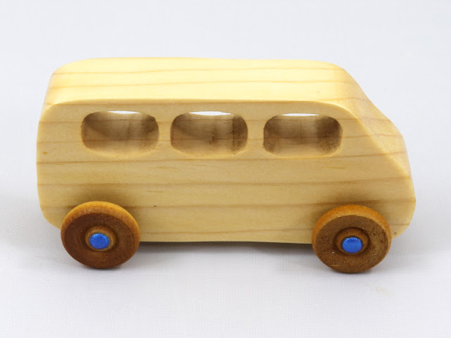 Handmade Wooden Toy Minivan from the Play Pal Series Finished With Nontoxic Clear Shellac and Metallic Blue Acrylic