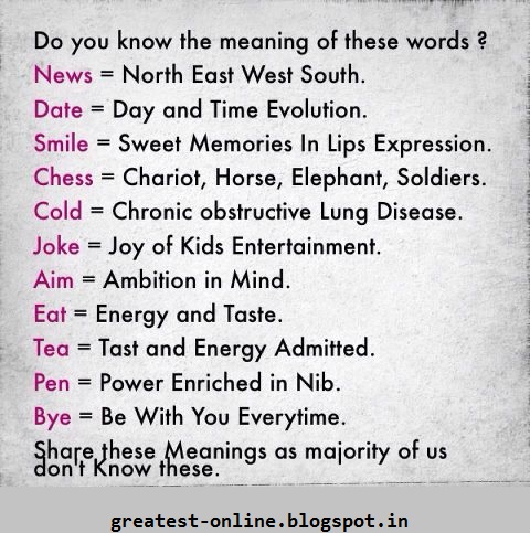 Do You Know The Meaning Of These Words ? News, Date, Aim, Smile, Chess, Joke, Eat, Tea, Cold, Pen, Bye