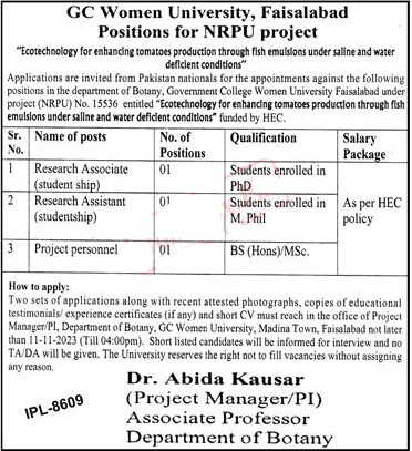 GC Women University Faisalabad Jobs 2023