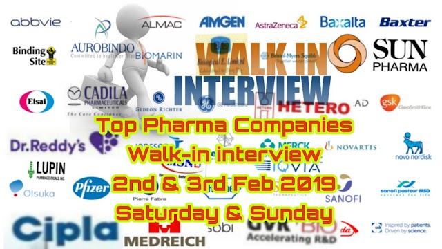 Top pharma companies | Walk-in interview on 2nd & 3rd Feb 2019 | Saturday & Sunday