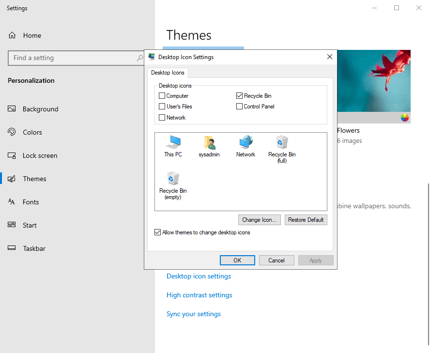 Screenshot showing Desktop Icon Settings open