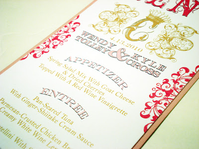 Features an enlarged personalized monogram at top of menu card