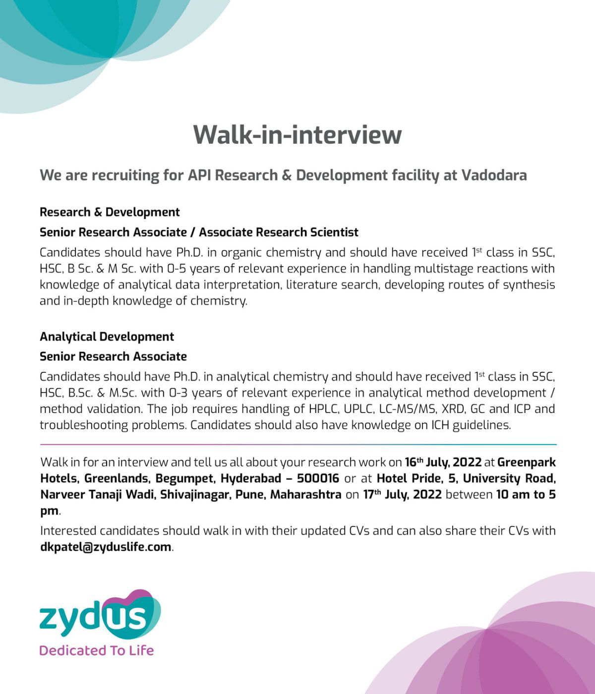 Job Available's for Zydus Walk-In Interview for Ph.D Organic Chemistry
