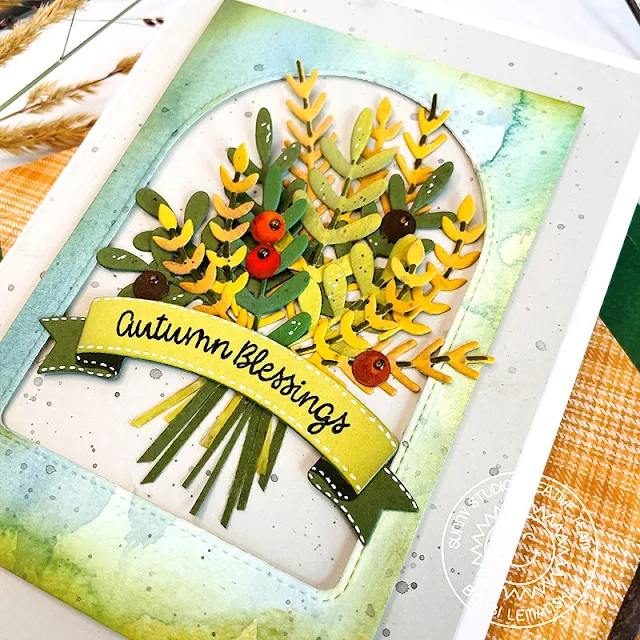 Sunny Studio Stamps: Brilliant Banner Die Focused Fall Themed Card by Bobbi Lemanski (featuring Winter Greenery, Stitched Arch Dies)