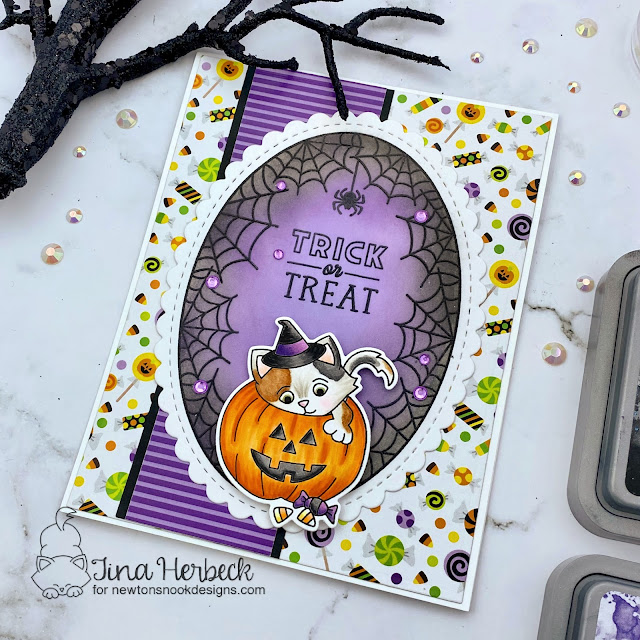 Halloween Kitten Card by Tina Herbeck | Trick or Treat Kittens Stamp Set, Spiderweb Oval Stamp Set, Oval Frames Die Set, and Halloween Meows and Woofs Paper Pads by Newton's Nook Designs #newtonsnook #handmade