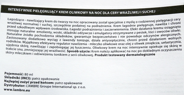 Lambre, mleczko do demakijażu, krem na noc, Oliwkowa seria Lambre, oliwa z oliwek, lawenda, cera wrażliwa, cera sucha, twarz, wizaz