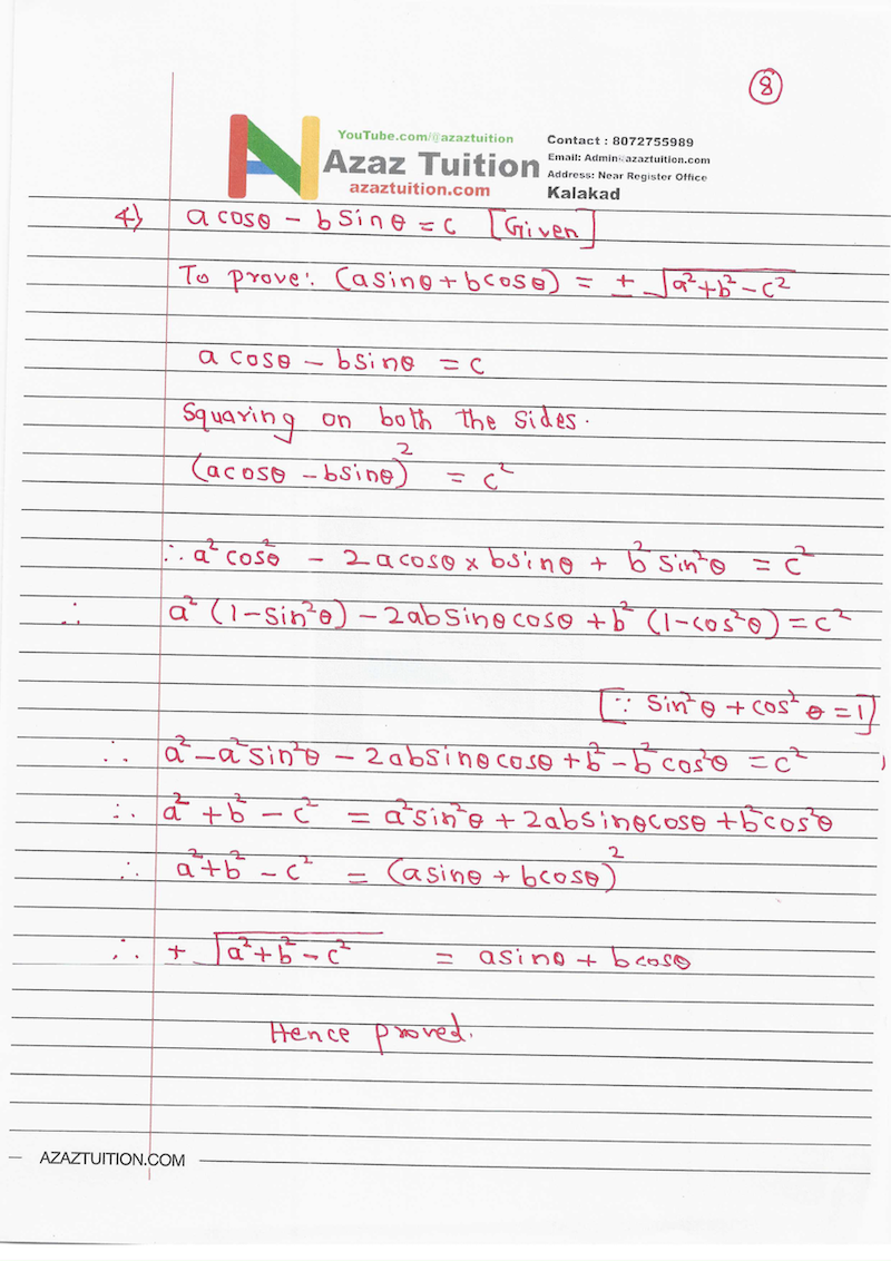 TN Samacheer 10 Maths Trigonometry Chapter 6 Hand Written Solution