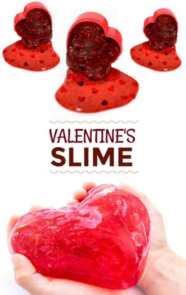 Instead of giving candy valentines try making this unique melting heart slime for kids instead!  Easy glue and starch recipe. #slimerecipe #slime #heartslime #slimevalentines #valentinesday #nocandyvalentinesforkids #growingajeweledrose