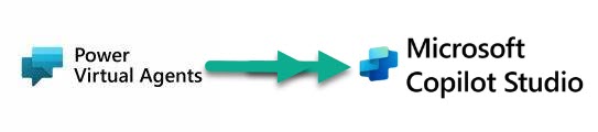 Power Virtual Agents logo with arrows pointing to Microsoft Copilot Studio