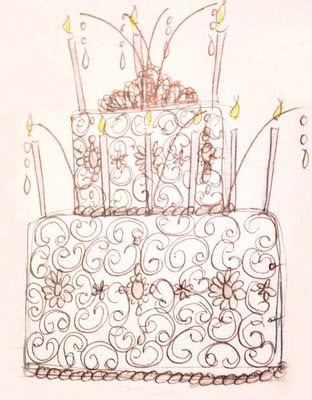 birthday cake sketch. I came up with 8 cake sketches and this is what she picked: