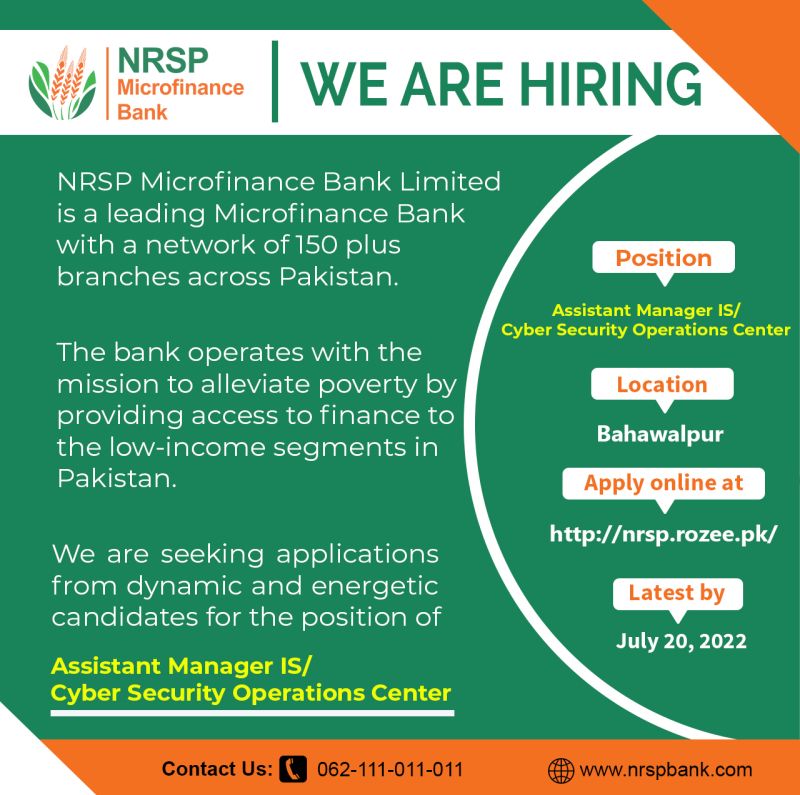 NRSP Microfinance Bank Ltd Jobs For Assistant Manager Information Security - Cyber Security Operations Center