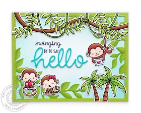 Sunny Studio Blog: Swinging By To Say Hello Monkey Card (using Tropical Scenes, Love Monkey Stamps, Botanical Backdrop & Hello Word Dies)