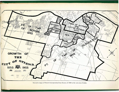 Map of City of Ottawa from 1955 showing annexations/expansions up to that point, starting with Town of Bytown 1850 City of Ottawa 1855 in the middle and the largest expansions reading Pt of Twp of Nepean 1950 and Pt of Twp of Gloucester 1950.