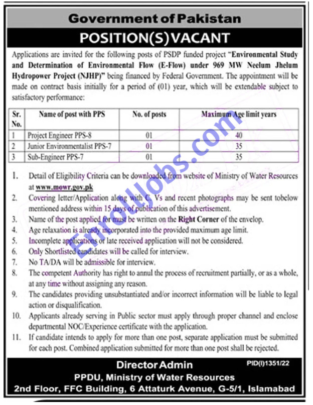 Latest Govt Pakistan Ministry of Water Resources Jobs 2022