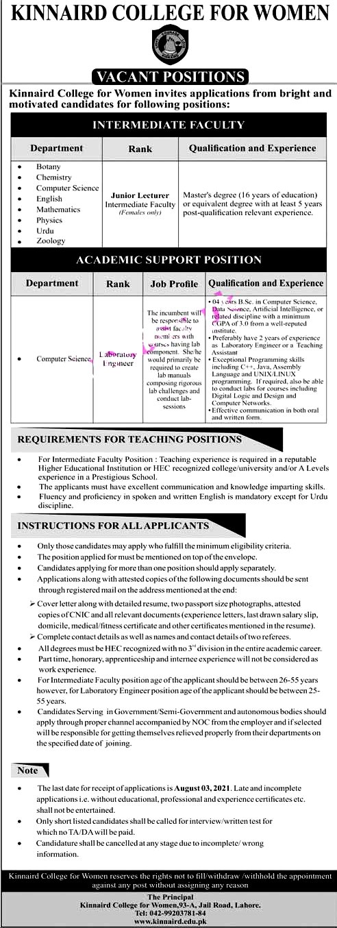 Kinnaird College for Women Latest  Jobs 2021