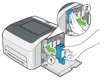 관련된 카트리지 홀더에 맞게 토너 카트리지를 조정한 후 토너 카트리지에서 찰칵 소리가 날때까지 라벨 가운데 부분을 눌러 확실히 삽입합니다 관련된 카트리지 홀더에 맞게 토너 카트리지를 조정한 후 토너 카트리지에서 찰칵 소리가 날때까지 라벨 가운데 부분을 눌러 확실히 삽입합니다