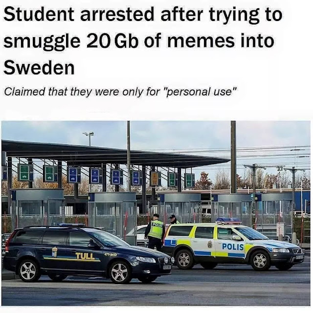 smuggling memes - Student arrested after trying to smuggle 20 Gb of memes into Sweden Claimed that they were only for "personal use" Pols Polis