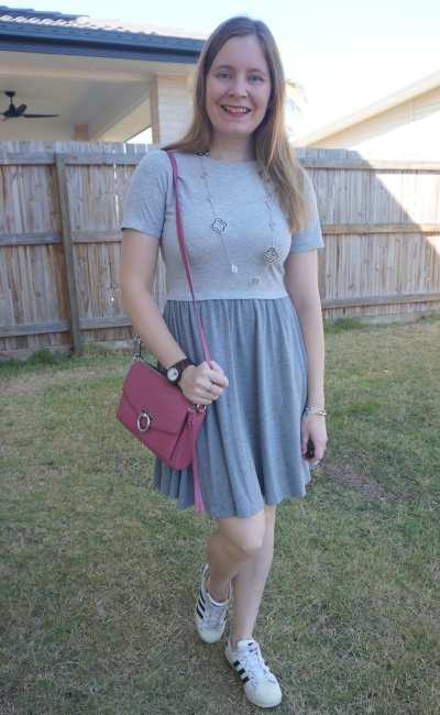 grey asos skater dress with pink jean mac crossbody bag and adidas superstar sneakers | awayfromblue