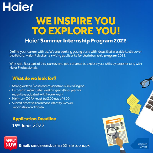 Haier Summer Internship Program 2022 Apply Online Males and Females