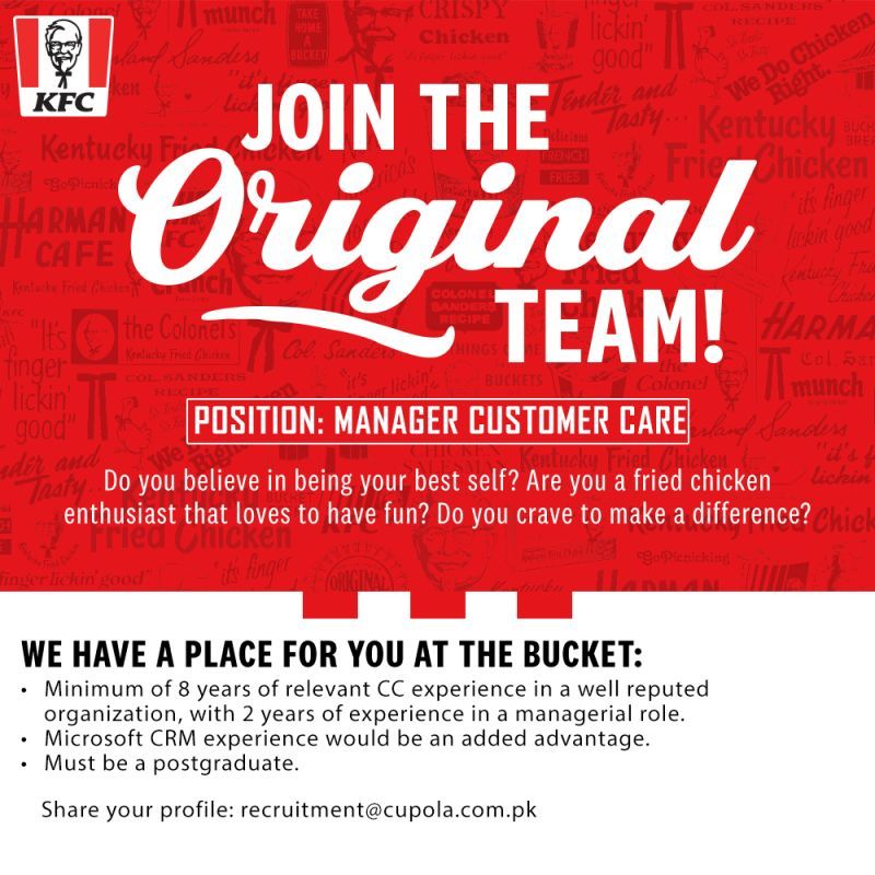 KFC Pakistan Jobs for Manager Customer Care