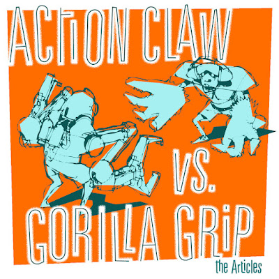 The illustration features two robot-like creatures facing off; one has claws for hands, while the other has oversize gorilla paws.