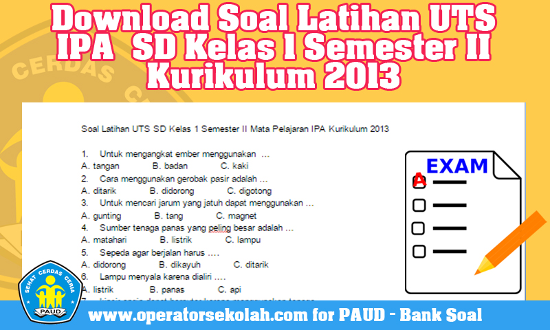 Soal Latihan UTS IPA SD Kelas 1 Semester II Kurikulum 2013 