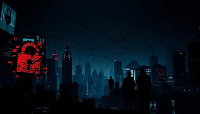 Dark city with digital threats and cybersecurity breakdown