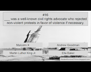 ___ was a well-known civil rights advocate who rejected non-violent protests in favor of violence if necessary. Answer choices include: Malcolm X, Andrew Goodman, Martin Luther King Jr., Ella Baker