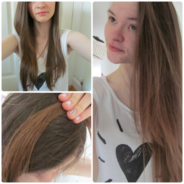 three photos of girl with long brown hair and white top - bottom photo shows comparison of bottom colour to top colour which is still brown but more ginger