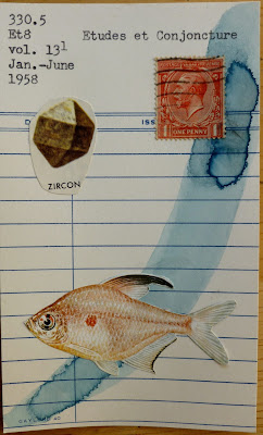 Zircon mineral fish great Britain postage stamp library card mail art Dada Fluxus collage