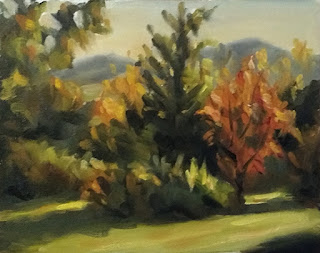 Landscape oil painting of trees with autumn leaves and cast shadows.