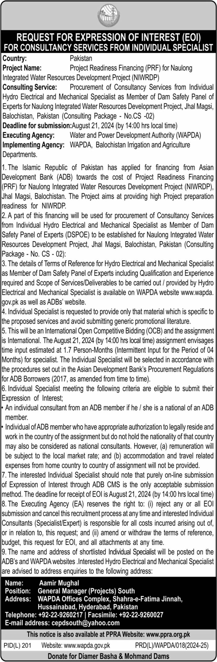 Water and Power Development Authority WAPDA Consultant Jobs In Hyderabad 2024
