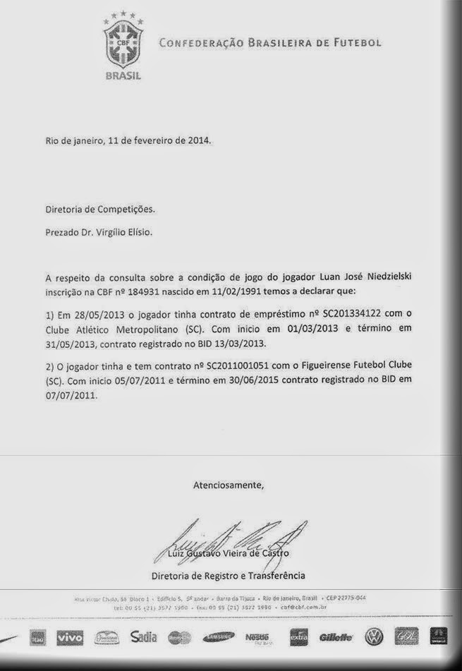 No documento, o diretor de competições da entidade, Virgílio Eliseo, reconhece que o jogador Luan Niedzielski, pivô de todo o imbróglio