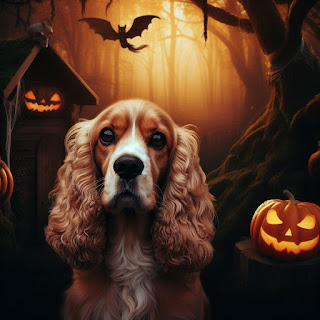 Cartoon character of Eko the Golden Cocker Spaniel in a dark spooky woodland scene with carved pumpkins around him and glowing orange through the trees
