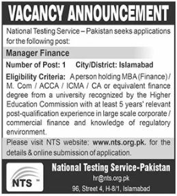 Latest National Testing Service Pakistan NTS Management Posts Islamabad 2022