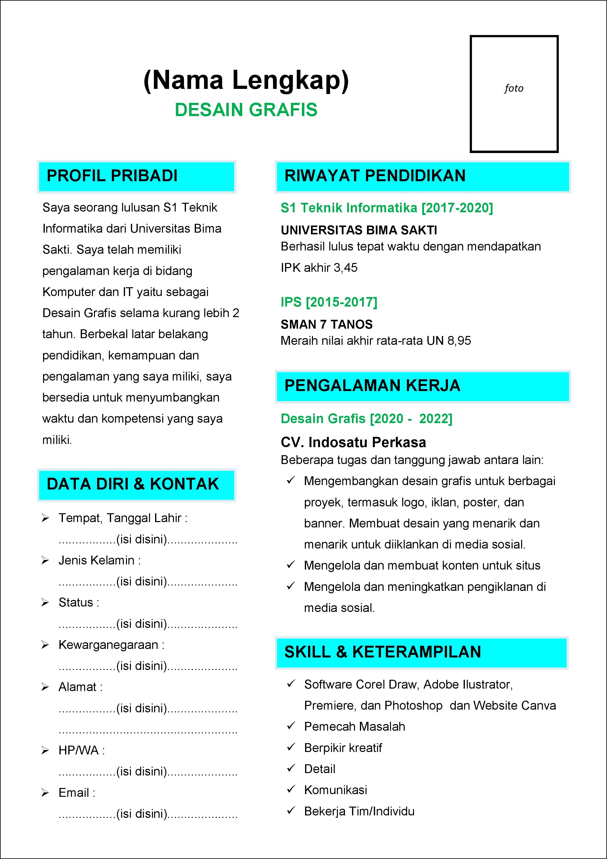 contoh 2 daftar riwayat hidup Desain Grafis yang telah memiliki pengalaman kerja (experience)