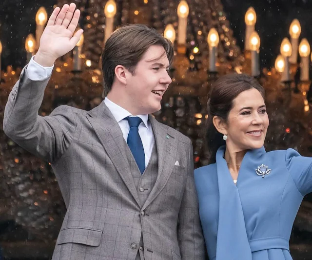 Princess Isabella wore a Kaleidoscope button multi swirl floral blouse by Zimmermann. Crown Princess Mary and Princess Josephine