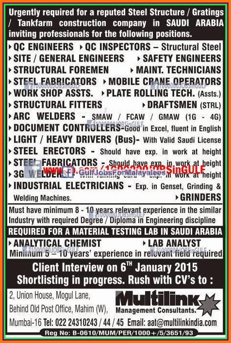 Construction Jobs for KSA Large vacancies