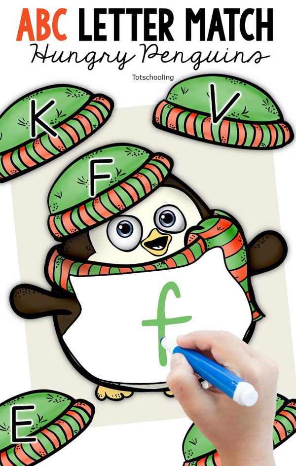 FREE printable Penguin themed ABC letter matching and writing activity for preschool and kindergarten kids. Perfect for winter literacy center!