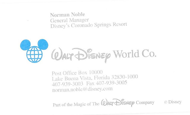 Norman Noble General Manager Disney's Coronado Springs Resort Business Card Disney World